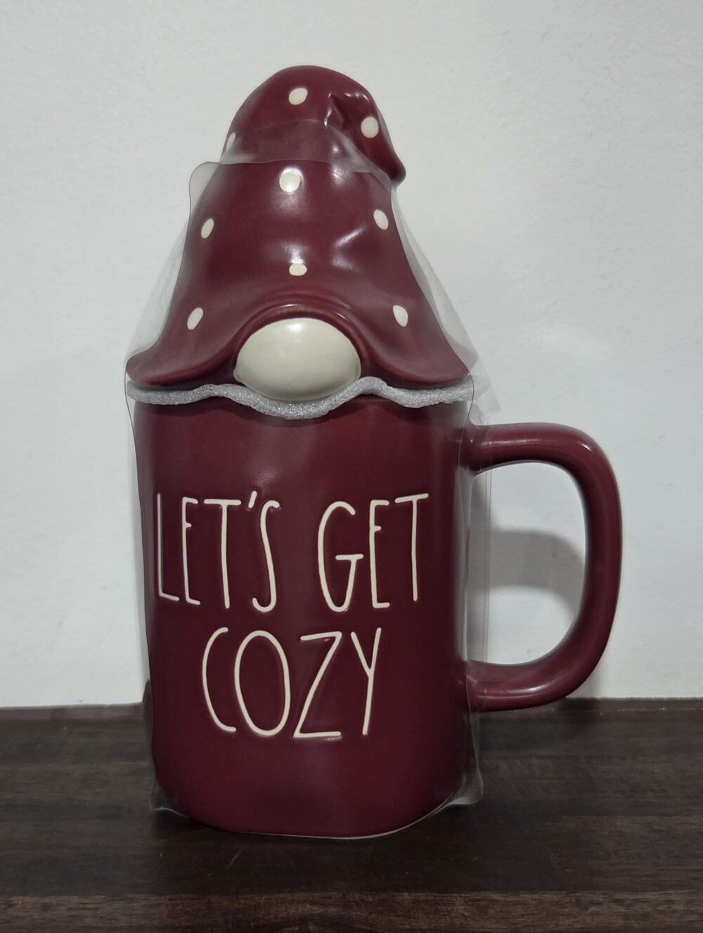 Rae Dunn "Let's Get Cozy" Maroon Gnome Mug
